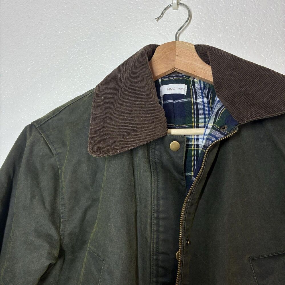 Mango Waxed Effect Barn Jacket Womens XS Green Corduroy Collar Plaid Lined - Picture 7 of 16